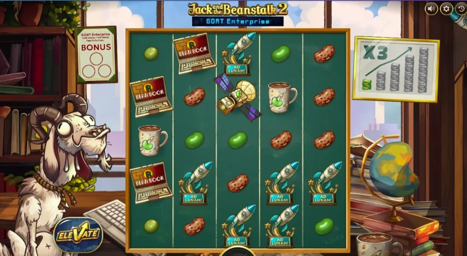 Jack and the Beanstalk 2 -kolikkopelin 5×5-ruudukko, jossa on papuja, kannettavia tietokoneita, raketteja ja satelliitti. Vasemmalla vuohi ja Bonus-taulu, oikealla taulu, jossa wild-kerroin x3.