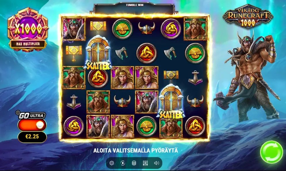 Viking Runecraft 1000 -kolikkopelin kuuden rullan ruudukko, jossa on viikinkijumalia, kypäriä, kirveitä ja kaksi scatter-symbolia. Vasemmassa yläkulmassa X1000 Max Multiplier -merkki.